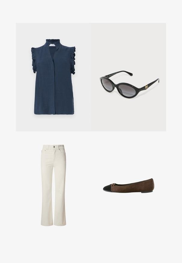 Granatowa bezrękawnikowa bluzka z wysokim, falbanastym kołnierzem i falbanami na ramionach, wykonana z lekkiego materiału.; Białe dżinsy w stylu dzwonów wykonane z denimu. Posiadają wysoki stan, pięć kieszeni oraz metalowe zapięcie. Gładka faktura bez widocznych wzorów.; Czarne zamszowe baleriny w kolorze brązowym z czarnym czubkiem i małą kokardką, niska obcas, oraz elastyczna lamówka wokół otwarcia.; Czarne okulary przeciwsłoneczne w kształcie kociego oka z gradientowymi szarymi soczewkami. Posiadają błyszczące plastikowe oprawki oraz akcent w kolorze złotym z logo na zauszniku.; Brązowa skórzana torebka o strukturalnym designie, pomarańczowy uchwyt, srebrne okucia oraz przednia kieszeń z zapięciem na klamrę.