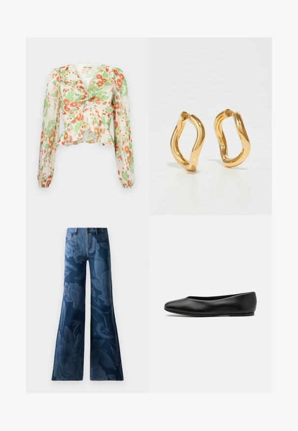 Diane von Furstenberg MARY mleczny; Dżinsy typu flare w ciemnoniebieskim kolorze z tonowym nadrukiem kwiatowym. Standardowy pięciokieszeniowy fason z zapięciem na guzik i zamek błyskawiczny.; Paul Smith TOPANGA czarny; Złote kolczyki w kształcie obręczy o zakrzywionym, nieregularnym kształcie oraz gładkiej, wypolerowanej powierzchni. Brak widocznych elementów sprzętowych lub akcentów.