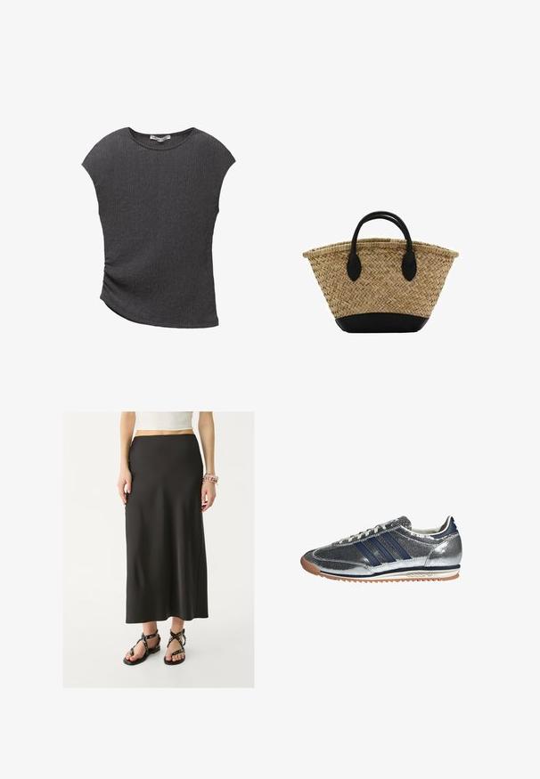 Haut gris à manches courtes en tissu texturé et nervuré. Doté d'un ourlet incurvé et d'une coupe décontractée, idéal pour un look casual.; Jupe noire, longue jusqu'au sol, en tissu lisse avec une taille ajustée. Portée avec des sandales noires à lanières dotées d'accents métalliques.; Baskets synthétiques argentées avec des rayures navy, bout rond, doublure blanche et semelle en caoutchouc. Présente un dessus texturé et un système de laçage.; Panier en paille tressée avec une forme évasée, doté d'une base en cuir noir et de poignées. Fibres naturelles texturées avec des accents noirs lisses.