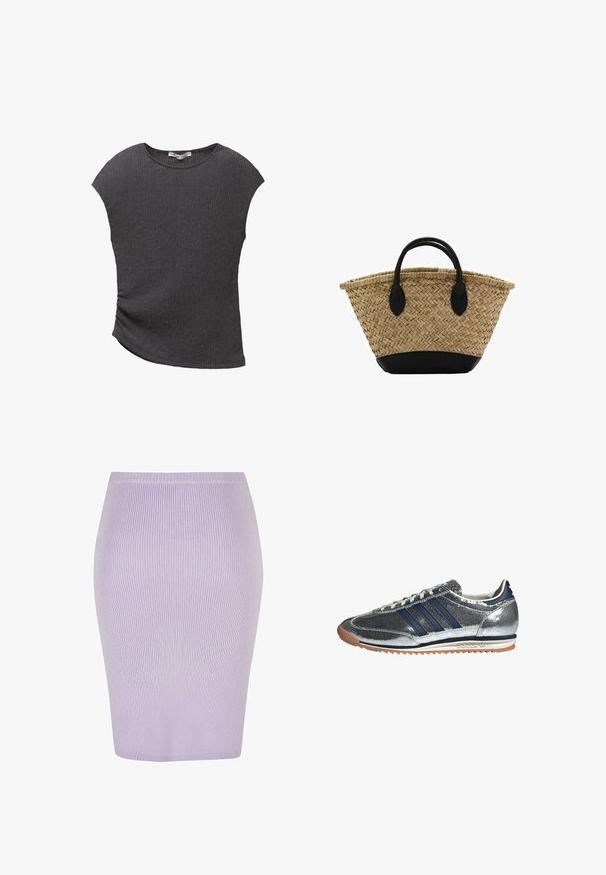 Siva majica s kratkimi rokavi iz teksturirane, rebraste tkanine. Ima ukrivljen spodnji rob in sproščen kroj, primeren za sproščeno nošenje.; Ribbed svinčnik krilo v svetlo vijolični barvi z oprijetim dizajnom. Ponuja visok pas, gladko teksturo in dolžino do kolen.; Srebrni sintetični superge z mornarskimi črtami, okroglo konico, belim podloženjem in gumijastim podplatom. Imajo teksturiran zgornji del in vezanje z pertlemi.; Tkana košara iz slame sraslim oblikom, z črnim usnjenim dnom in ročaji. Teksturedne naravne vlaknine z gladkimi črnimi detajli.