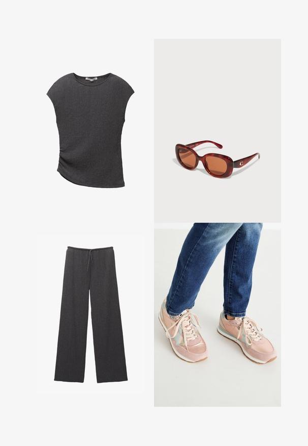 Šedý krátky rukáv top s textúrovanou, rebrovanou látkou. Obsahuje zakrivený lem a uvoľnený strih, vhodný na každodenné nosenie.; Pohodlné nohavice so širokými nohavicami v tmavo sivej farbe, vyrobené z textúrovanej látky, s elastickým pásom a šnúrkou na stiahnutie. Jednoduchý a minimalistický dizajn.; Ružové tenisky vyrobené z semišových a kožených materiálov, s svetlo modrými akcentmi, zaoblenou špičkou a bielymi gumovými podrážkami. Šnúrky sú béžové.; Slnkočervené slnečné okuliare s obdĺžnikovým rámom, s hnedými sklami. Doplnkové malé zlaté logo na pravej trámke.