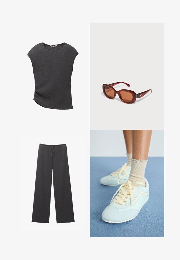 Szary top z krótkim rękawem o teksturowanej, ryżowej fakturze. Posiada zaokrąglony dół i luźny krój, idealny do codziennych stylizacji.; Spodnie szerokie w kolorze ciemnoszarym, wykonane z teksturowanej tkaniny, z elastycznym paskiem w talii i sznurkiem. Prosty i minimalistyczny design.; Błękitne zamszowe sneakersy z kremowymi sznurowadłami i akcentami, z teksturowaną powierzchnią i białą gumową podeszwą. Widoczne falbankowe beżowe skarpetki.; Czerwono przyciemnione okulary przeciwsłoneczne z prostokątną oprawką, wyposażone w brązowe soczewki. Wyróżniają się małym złotym logo na prawym zauszniku.