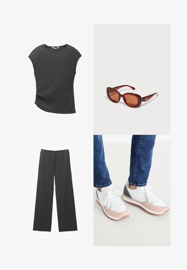 Grå kortärmad topp i en texturerad, ribbad tyg. Har en rundad nederkant och en avslappnad passform, lämplig för vardagsbruk.; Långa byxor i mörkgrått med en texturerad tyg och en elastisk midja med dragsko. Enkel och minimalistisk design.; Vita och ljusrosa sneakers med grå accenter, med en ovandel i mocka och mesh, gummisula och runda skosnören.; Rödfärgade solglasögon med rektangulär ram och bruna linser. Utsmyckade med en liten guldlogo på den högra stolpen.