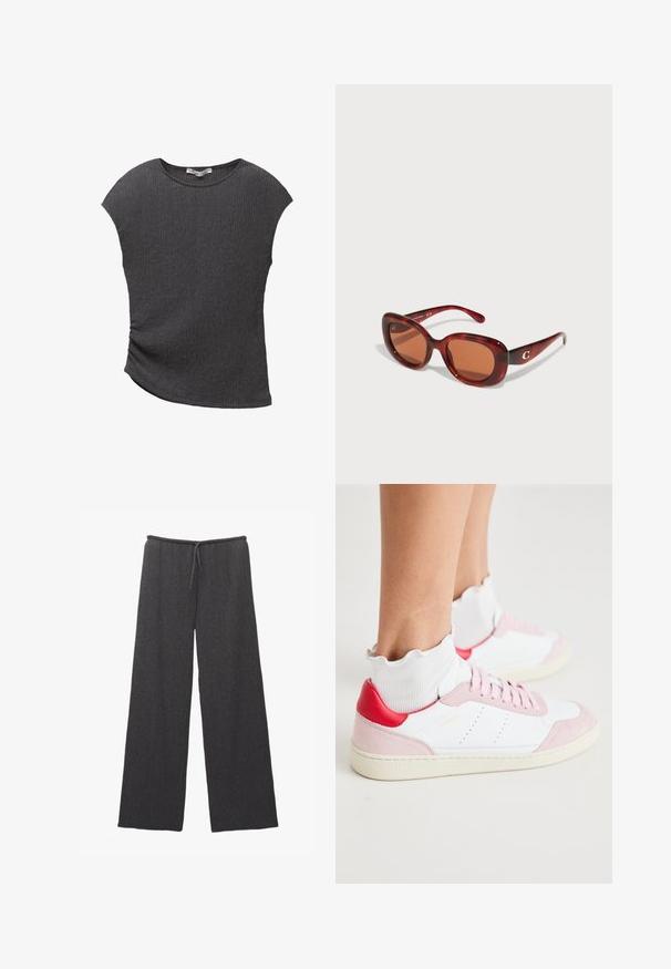 Top gri cu mânecă scurtă realizat dintr-un material texturat, cu model în dungi. Prezintă o margine curvedă și o croială lejeră, potrivită pentru purtarea zilnică.; Pantaloni largi de culoare gri închis, cu un material texturat și un elastic cu șnur. Design simplu și minimalist.; Adidași albi cu detalii din suede roz la vârf și toc, tab de toc roșu și o șosetă albă texturată până la gleznă cu margine ondulată.; Ochelari de soare cu nuanță roșie și cadru rectangular, având lentile maro. Accentuati cu un mic logo aurit pe templul drept.
