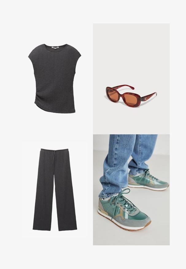 Šedý krátky rukáv top s textúrovanou, rebrovanou látkou. Obsahuje zakrivený lem a uvoľnený strih, vhodný na každodenné nosenie.; Pohodlné nohavice so širokými nohavicami v tmavo sivej farbe, vyrobené z textúrovanej látky, s elastickým pásom a šnúrkou na stiahnutie. Jednoduchý a minimalistický dizajn.; Zelené tenisky kombinujúce kožu a semiš, s textúrovaným povrchom, šnúrkami a bielou medzipodrážkou. Nosené s modrými džínami.; Slnkočervené slnečné okuliare s obdĺžnikovým rámom, s hnedými sklami. Doplnkové malé zlaté logo na pravej trámke.