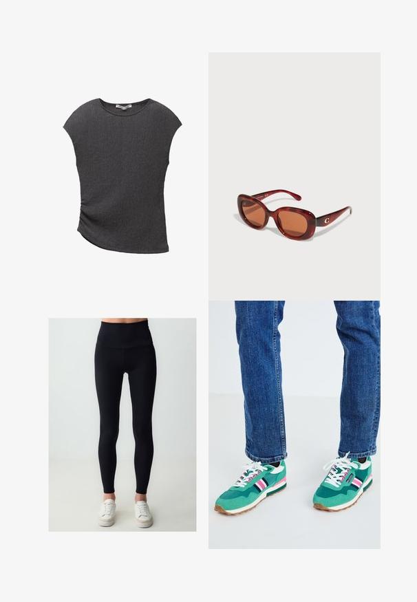 Haut gris à manches courtes en tissu texturé et nervuré. Doté d'un ourlet incurvé et d'une coupe décontractée, idéal pour un look casual.; Leggings noires taille haute en tissu extensible, avec une texture lisse et des jambes fuselées, associées à des chaussures de sport blanches.; Baskets de sport vertes avec des accents blancs et marine, détail de bande rose et tissu texturé. Lacées avec des lacets blancs ; semelle en caoutchouc.; Lunettes de soleil teintées de rouge avec une monture rectangulaire, dotées de verres bruns. Accentué par un petit logo en or sur la tempie droite.
