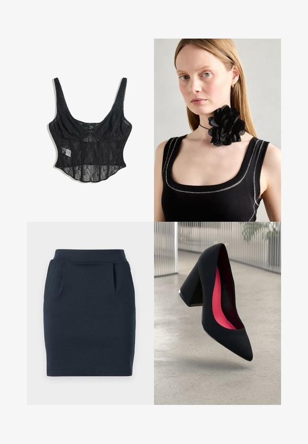 Corsetto in pizzo nero con spalline regolabili, pannelli trasparenti, motivo floreale e design del busto strutturato. Presenta una chiusura con ganci.; Gonna in jersey elastic blu navy con silhouette aderente, dotata di una vita liscia e due tasche frontali.; Scarpa con tacco alto nera, con punta affusolata, superficie testurizzata e un vivace interno rosa. Presenta un tacco spesso con un accento argentato.; Collana choker a forma di fiore nero realizzata con petali sovrapposti, indossata con un top a coste nero che presenta accenti argentati lungo il colletto e le spalle.