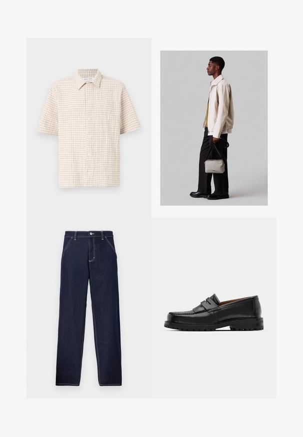 Koszula z krótkim rękawem w jasnym beżowym kolorze z wzorem w kratkę w delikatnym brązie, zapinana na guziki, z klasycznym kołnierzykiem. Gładka tekstura tkaniny.; Ciemnoniebieskie dżinsowe spodnie o prostym kroju, z kontrastowym przeszyciem, zapięciem na guziki z przodu oraz tradycyjnym pięcioma kieszeniami.; Czarne skórzane mokasyny mają wyraźny szew, dwa dekoracyjne paski na górze oraz grubą, teksturowaną podeszwę dla lepszej przyczepności.; Jasnobeżowa kurtka z elastycznym dołem, zestawiona z zieloną koszulą i czarnymi spodniami. Nosi małą szaro-skalną torebkę na ramię. Czarne buty.