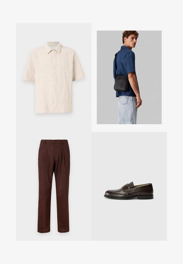 Kortsleppet, lys beige skjorte med et rutemønster i myk brun, knapp-frontend design og klassisk krage. Glatt stofftekstur.; Brune, plisede bukser laget av teksturert stoff. Har en knappelukking og en avslappet passform som smalner noe mot ankelen.; Calvin Klein Slippers - cocoa brown; Svart skinn crossover-veske med teksturert finish; har en frontlomme med glidelås og justerbar stropp. Modellen har på seg en blå skjorte og denimjeans.