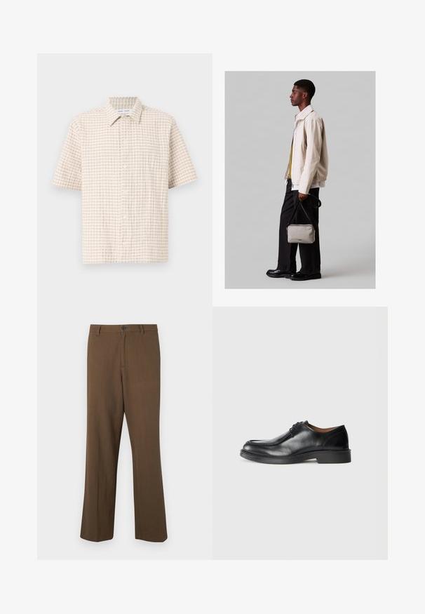 Kortsleppet, lys beige skjorte med et rutemønster i myk brun, knapp-frontend design og klassisk krage. Glatt stofftekstur.; Brune, rette benbukser laget av teksturert stoff, med knappelukking og standard midje, samt sidelommer og skreddersydde sømmer.; Svarte lærdressko med rund tå, glatt overflate, snøredetaljer og lav, teksturert gummisåle. Rette linjer og minimalistisk design.; Lys beige jakke med elastisk linning, kombinert med en grønn skjorte og sorte bukser. Bærer en liten grå crossbody-veske. Sorte sko.