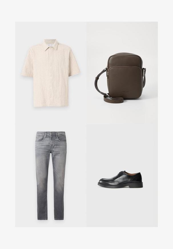 Camisa de manga corta en un tono beige claro, con un patrón de cuadrícula en marrón suave, diseño de botones en la parte delantera y un cuello clásico. Textura de tela suave.; Jeans de denim gris con un corte recto, con un diseño desgastado, cinco bolsillos y una cinturilla estándar con cierre de botón.; Zapato de vestir de cuero negro con punta redonda, superficie lisa, detalles de cordones y suela de goma texturizada baja. Líneas limpias y diseño minimalista.; Bolso bandolera de cuero marrón con superficie texturizada, forma rectangular, bolsillo frontal con cremallera y correa ajustable. Logo exhibido en la parte frontal.
