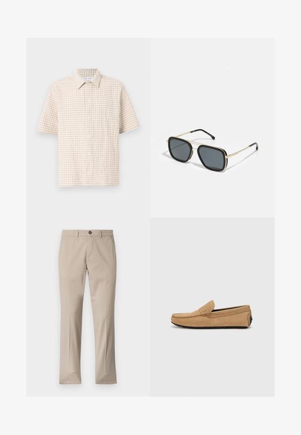 Μακρυμάνικη, ανοιχτό μπεζ πουκάμισο με σχέδιο καρό σε απαλό καφέ, με κουμπιά μπροστά και κλασικό γιακά. Λείο υλικό.; Μπεζ βαμβακερό παντελόνι με ίσια γραμμή, διαθέτει κλείσιμο με γάντζο και κουμπί μπροστά, δύο πλαϊνές τσέπες και ελάχιστες λεπτομέρειες ραφής.; Μπεζ σουέτ μοκασίνι με ραμμένη μύτη, σχέδιο slip-on και μαύρη καουτσούκ σόλα. Έχει διακριτική σήμανση στο πλάι.; Μαύρα και χρυσά γυαλιά ηλίου με τετράγωνη μορφή, μεταλλικό σκελετό, σκούρους γκρι φακούς και μαύρες άκρες βραχιόνων. Διαθέτει σχέδιο διπλής γέφυρας.