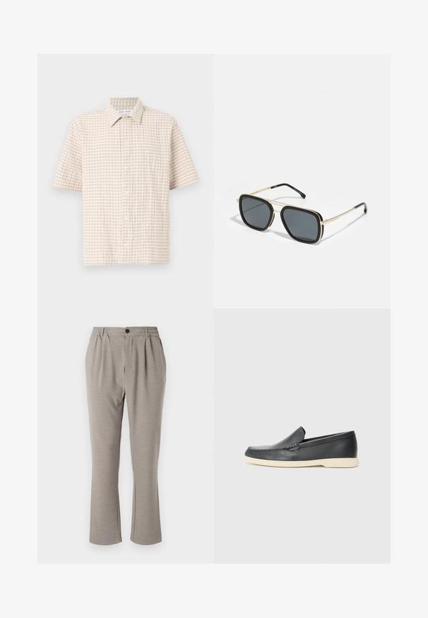 Camisa de manga corta en un tono beige claro, con un patrón de cuadrícula en marrón suave, diseño de botones en la parte delantera y un cuello clásico. Textura de tela suave.; Pantalones gris claro de corte relajado, hechos de una tela suave, con una cintura elástica, pinzas y un cierre de un solo botón.; Mocasines de piel negra sin cordones con un acabado texturizado y una suela de goma beige en contraste. Presentan un sutil acento en la parte frontal.; Gafas de sol negras y doradas de forma cuadrada, con montura metálica, lentes gris oscuro y puntas de patilla negras. Presentan un diseño de doble puente.