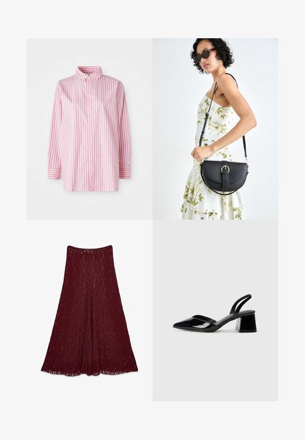 Gestreiftes Hemd mit vertikalen rosa und weißen Streifen, langen Ärmeln mit Manschette und klassischem Kragen. Hergestellt aus leichtem Stoff.; Lange burgunderfarbene Spitzenrock mit A-Linie und halbtransparentem Blumenmuster.; Schwarze Lackleder-Slingback-High Heels mit spitzem Schuh und einem geometrischen Blockabsatz. Verfügt über ein schlankes, minimalistisches Design und eine glatte Textur.; Schwarze Lederhandtasche mit geschwungener Form, abnehmbarem Tragegurt und goldenen Beschlägen. Die Tasche verfügt über einen Deckel mit einer Schnallen-Details.
