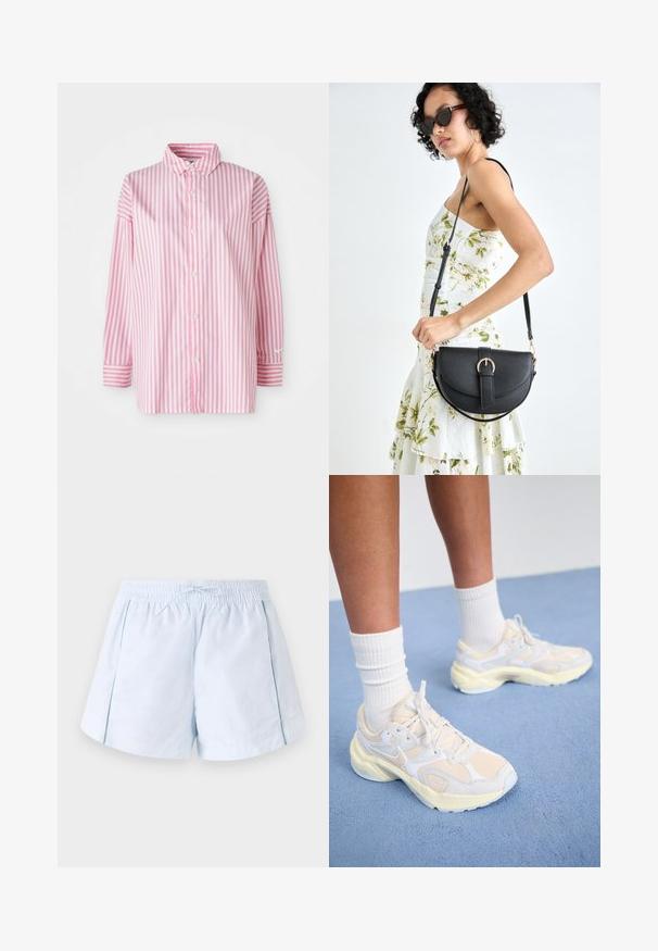 Svītrains pogas krekls ar vertikālām rozā un baltām svītrām, garām piedurknēm ar aprocēm un klasisku apkakli. Izgatavots no viegla auduma.; Gaiši zili sporta šorti ar elastīgu jostu un regulējamu saites auklu. Piedāvā sānu šķēlumnes un nelielu Nike logo apakšmalā.; Plāni sporta apavi bālgani dzeltenā un baltā krāsā, ar sietu un sintētiskiem materiāliem, noapaļota forma un teksturētām zolem.; Melnas ādas rokassoma ar izliekta formu, noņemamu siksnu un zelta aksesuāriem. Somai ir vāciņš ar sprādzes detaļu.