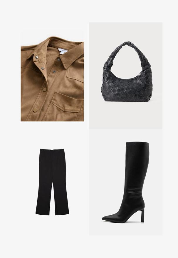 Chemise en daim marron avec boutons-pression, col pointu et poche poitrine. Texture douce avec une finition lisse et un design minimaliste.; Pantalon noir avec une coupe droite, doté de poches avant et d'éclairs sur l'ourlet. Fabriqué en tissu doux et lisse. Convient à diverses occasions.; Even&Odd Bottes - black; Sac en cuir noir tissé avec une poignée arrondie et un corps en forme de croissant sur un fond uni.