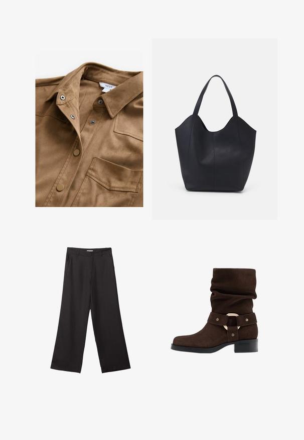 Brązowa koszula zamszowa z napami, spiczastym kołnierzykiem i kieszenią na piersi. Miękka tekstura o gładkim wykończeniu i minimalistyczny design.; Czarne spodnie z szerokimi nogawkami, wykonane z gładkiego materiału, z przednim zamkiem błyskawicznym i dwoma bocznymi kieszeniami, o dopasowanym kroju i minimalistycznym wzornictwie.; Brązowy zamszowy botek za kostkę o luźnym kroju, szeroki pasek z okrąłym złotym akcentem, kwadratowy czubek i niski czarny obcas w kształcie bloku.; Czarna torba na ramię wykonana z gładkiej skóry, z zaokrąglonym, otwartym topem i dwoma paskami na ramię oraz minimalistycznym designem.
