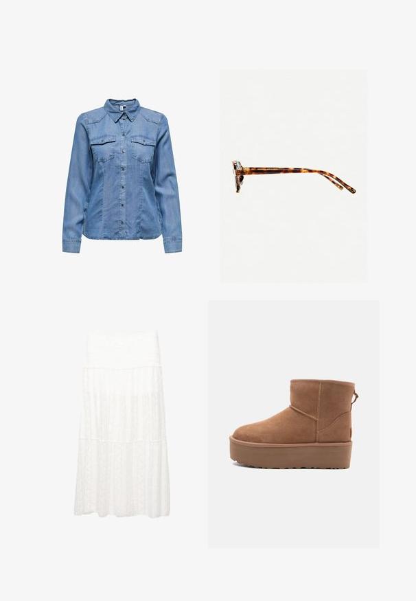 Die bitte Hemd in Hellblau, mit Kragen, langen Ärmeln, zwei Brusttaschen und silbernen Druckknöpfen auf der Vorderseite. Glatte Textur.; Weißer, geschichteter Rock aus strukturiertem Stoff, mit einem breiten Bund und einem fließenden Design. Das Material zeigt subtile Muster.; Beige Wildleder-Ankle-Boot mit Plateausohle, abgerundetem Zehenbereich und abgesteppten Akzenten; verfügt über eine Zuglasche hinten für einfaches An- und Ausziehen.; Schildpatt-Sonnenbrille mit dickem Rahmen, leicht gebogenen Bügeln und glatter Textur. Sie präsentiert ein klassisches Design mit glänzender Oberfläche.; Braune Lederschultertasche mit strukturiertem Finish, geschwungener Form, goldfarbenen Beschlägen, verstellbarem Schulterriemen und Klappenverschluss.