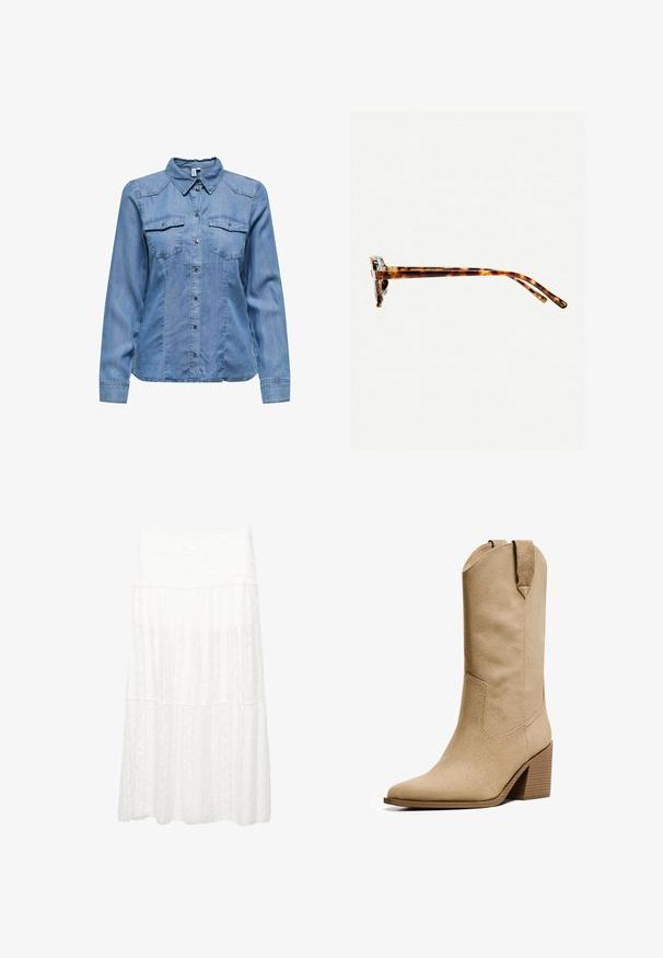 Chemise en denim bleu clair, avec un col, des manches longues, deux poches poitrines et des boutons-pression en métal argenté sur le devant. Texture lisse.; Jupe blanche à volants avec un tissu texturé, une taille large et une coupe fluide. Le matériau présente des motifs subtils.; Bershka HIGH-HEEL - Bottes de cowboy / motard - beige; Lunettes de soleil écaille de tortue avec une monture épaisse, des branches légèrement courbées et une texture lisse. Présente un design classique avec une finition brillante.; Sac à main en cuir blanc avec un fermoir doré, des accents noirs, une bandoulière amovible, et un design structuré avec un rabat.