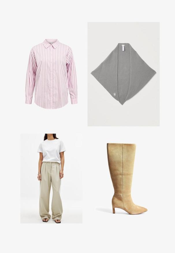 Rožnata in bela črtasta dolga zapenjajoča srajca z usklajenem ovratnikom in ravnim robom. Ima teksturo blaga in usklajene detajle gumbov.; Bež hlače širokega kroja z sprednjimi gubami in gladko teksturo, v kombinaciji z oprijetim belim bombažnim majico. Črne japonke dopolnjujejo videz.; Bež usnjeni škorenj do kolen s koničastim nosom in blok peto. Gladka tekstura, minimalističen dizajn in vertikalni šivni detajl na nogavici.; Siva pletena ruta z gladko teksturo, trikotno obliko in subtilnim logotipom. Brez vidnih zapenjanj. Idealna za plastenje.; Tkanina bež torba z naborjanjem in enim naramnim trakom. Ima teksturiran vzorec po celotni površini.
