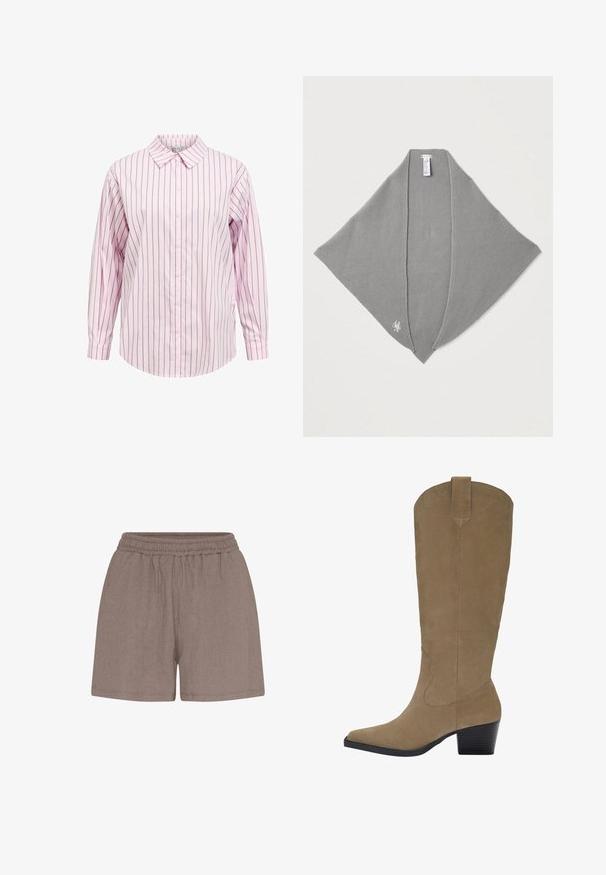 Rožnata in bela črtasta dolga zapenjajoča srajca z usklajenem ovratnikom in ravnim robom. Ima teksturo blaga in usklajene detajle gumbov.; Rjavi, teksturirani šortsi z elastičnim pasom. Imajo sproščen kroj in preprosto konstrukcijo, primerni za prosti čas.; Biege suknje do kolen iz nubuk kože z ostrim nosom, nabranim peto in šivanim detajlom ob straneh. Gladka tekstura in strukturiran dizajn.; Siva pletena ruta z gladko teksturo, trikotno obliko in subtilnim logotipom. Brez vidnih zapenjanj. Idealna za plastenje.; Tkanina bež torba z naborjanjem in enim naramnim trakom. Ima teksturiran vzorec po celotni površini.