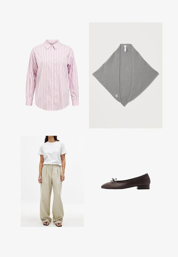 Vaaleanpunaraitainen ja valkoinen pitkähihainen napillinen paita, jossa on viistot kaulukset ja suora helma. Sisältää tekstuurista kangasta ja yhteensopivia nappeja.; Harmaat leveät housut, joissa on etupainatus ja sileä pinta, yhdistettyinä istuvaan valkoiseen puuvillapaitaan. Mustat flip-flopit täydentävät asua.; Ruske kožne balerinke s zaobljenim vrhom i malim blok petom. Imaju tanke mašne sprijeda i suptilne šavove.; Harmaa neulottu huivi sileällä tekstuurilla, kolmiomaisella muodolla ja hienovaraisella logokoristeella. Ei näkyviä kiinnityksiä. Täydellinen kerrospukeutumiseen.; Kankaan vaalea olkalaukku, jossa on rento muotoilu ja yksi olkahihna. Pintarakenteessa on teksturoitu kuvio.