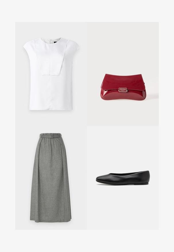 Blusa bianca a maniche corte con scollatura rotonda e un dettaglio anteriore rettangolare, esposta su uno sfondo semplice.; Emporio Armani GONNA - Gonna lunga - light grey melange; Paul Smith TOPANGA - Ballerine - black; Borsa a pochette in pelle verniciata rossa con design curvo, pattina pieghevole e un accento del logo metallico su una placca argentata. Tessuto liscio e lucido.