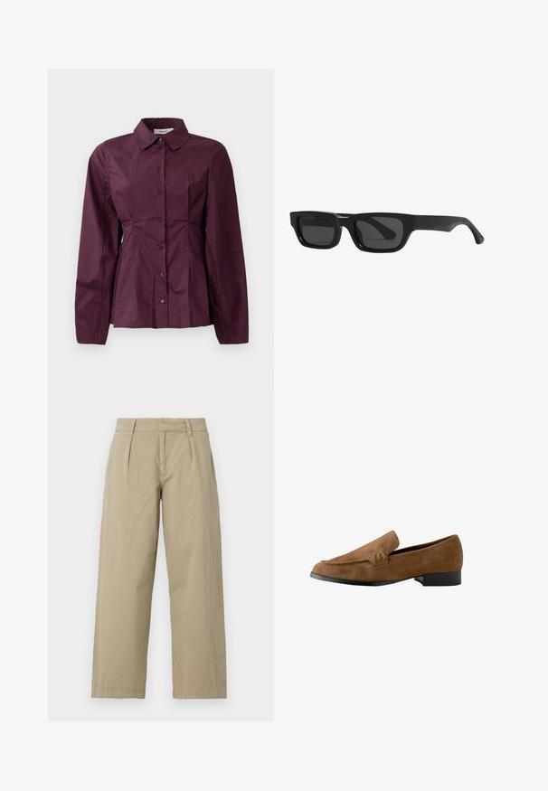 Cămașă burgundă cu nasturi, cu mâneci lungi, guler clasic și detalii plisate la talie. Material neted cu o strălucire subtilă.; Pantaloni bej, cu croi larg, din bumbac, cu talie medie, pliuri în față și tivuri drepte. Textură netedă, fără modele.; Loaferi din suede maron cu un picior puțin ridicat, o textură fină, detalii de cusătură pe față și un design cu vârf rotunjit.; Ochelari de soare cu rame negre pătrate, cu temple groase și lentile întunecate. Realizați din plastic, cu un finisaj neted, mat.