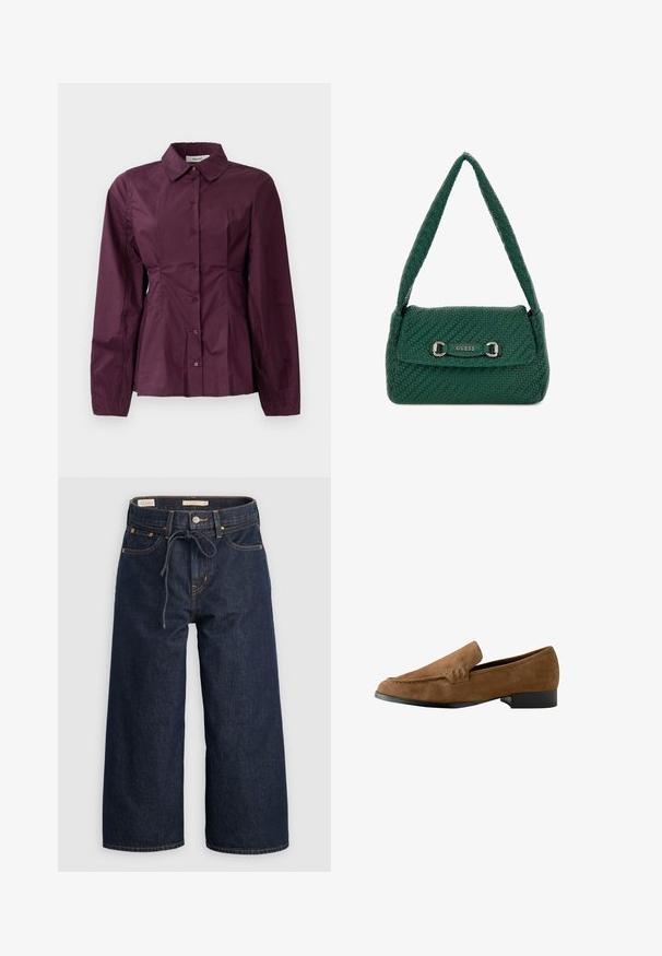 Burgundy skjorta med knappar och långa ärmar, klassisk krage och veckdetaljer i midjan. Slät tyg med subtil lyster.; Mörkblå vida jeans i denim med dragsko i midjan, framfickor och kontrasterande orange sömdetaljer.; Bruna mockaskinnsloafers med en något upphöjd klack, en jämn yta, sömnadsdetaljer på framsidan och en rund tådesign.; Vävd grön handväska gjord av syntetiskt material, med ett krökt handtag, klaffstängning och silverfärgade hårdvarudetaljer med logotyp.
