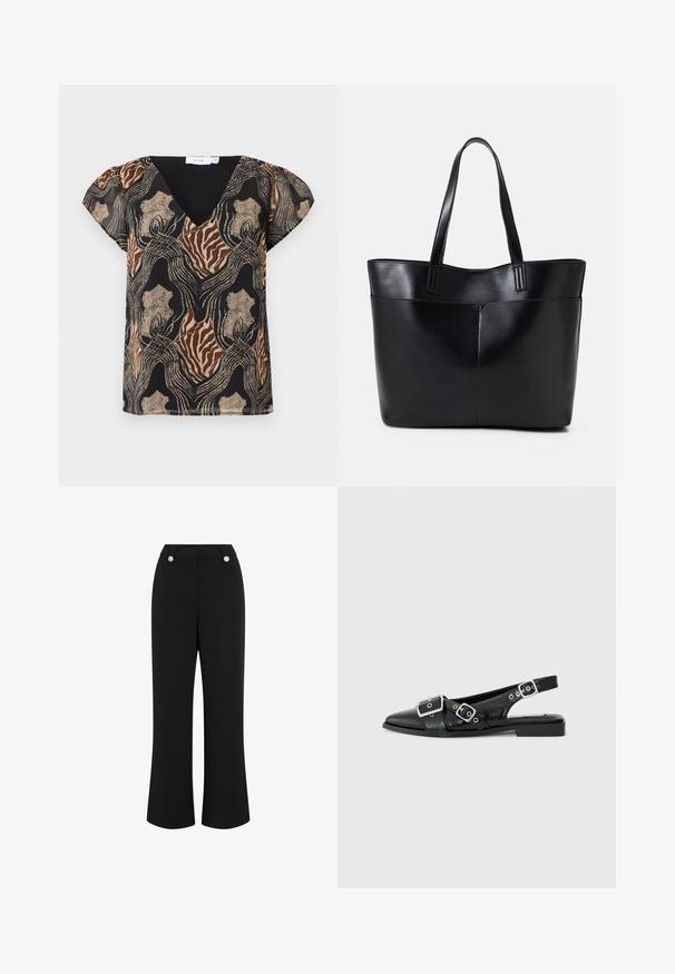 Kortærmet bluse med sort bund, der har et multifarvet abstrakt print i guld, brun og beige. V-hals design med blød tekstur.; Sorte, vide ben bukser med en glat tekstur, featuring en høj talje, to guldfarvede knapper og et skræddersyet design. Ingen synlige lommer.; Sorte læderslingbacksko med spids tå, to sølvspænder og en lav blokhæl. Har en struktureret overdel og åben bag.; Sort læder tote taske med to lange håndtag, en glat tekstur og en struktureret form. Har en forlommem for ekstra opbevaring.