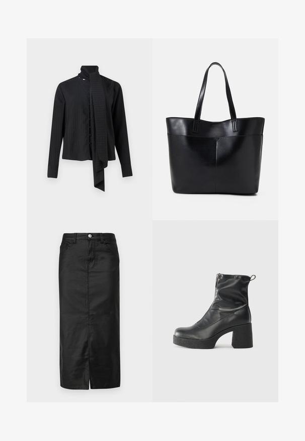 Svart langermet skjorte med omviklet krage og løs skjerfdetalj. Har vertikale pinstriper og frontlukking med knapper.; Svart denim midi skjørt med frontsplitt, fem lommer og metallknapplukking. Glatt tekstur og klassisk rett fasong.; Svarte ankelstøvler laget av glatt lær, med glidelås på siden, chunky strukturert hæl, og rund tå-design.; Svart lær toteveske med to lange håndtak, en glatt tekstur og en strukturert form. Har en frontlomme for ekstra oppbevaring.