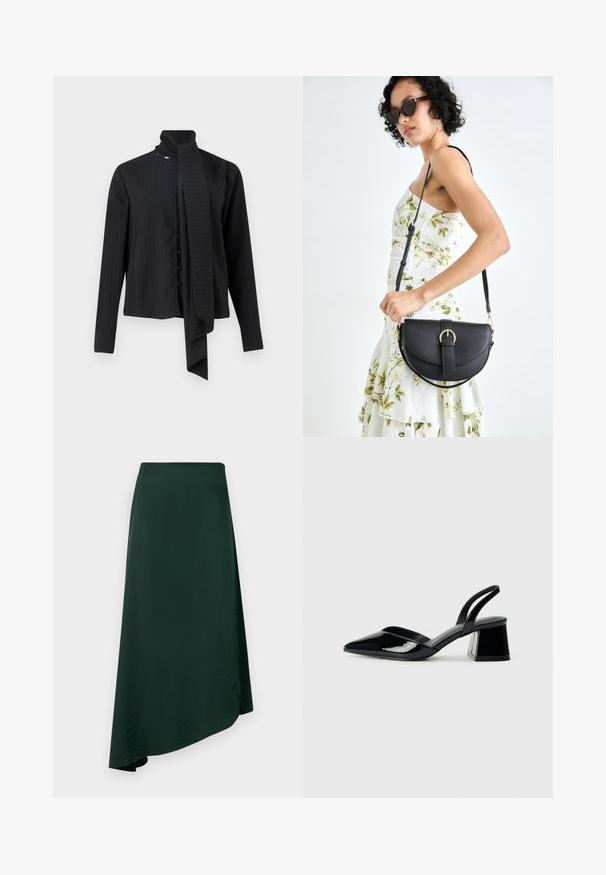 Juodas ilgomis rankovėmis marškiniai su apvyniojamu apykakle ir laisvu šaliku. Turi vertikalius juosteles ir priekinį mygtukų užsegimą.; Tamsiai žalia apvyniota sijonas, pagamintas iš lygaus audinio, su asimetrine apatine krašto linija ir bešvičiu juosmeniu, kad būtų užtikrintas švarus dizainas.; Juodos lakuotos odinės šlepetės su smailiu pirštu ir geometriniu bloko kulnu. Turi elegantišką, minimalistinį dizainą ir lygų paviršių.; Juodas odinis krepšys su išlenkta forma, nuimamu dirželiu ir auksiniais detalėmis. Krepšys turi kilpą su sagtimi.