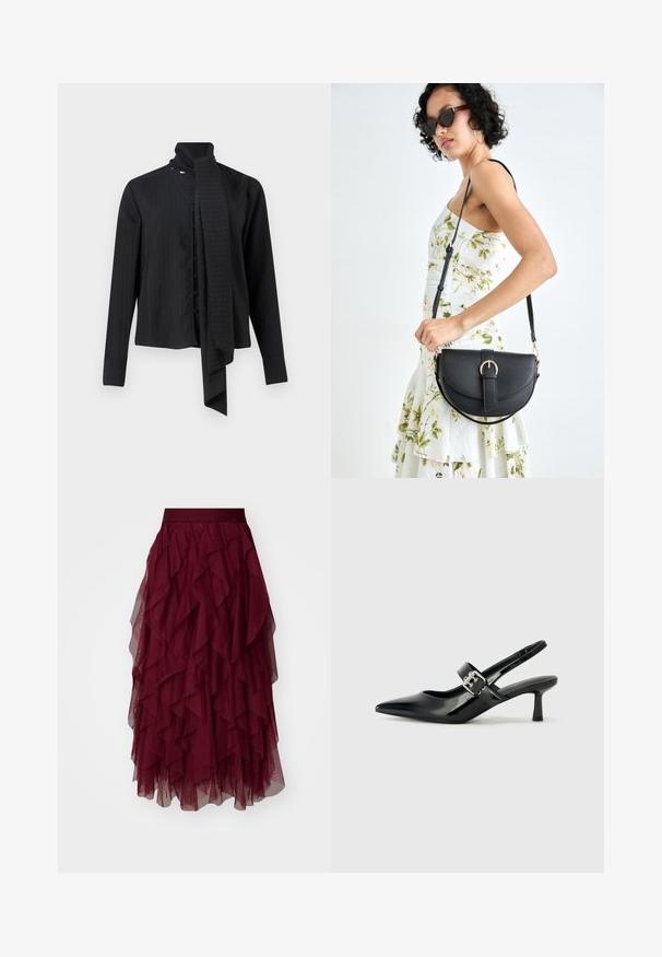 Juodas ilgomis rankovėmis marškiniai su apvyniojamu apykakle ir laisvu šaliku. Turi vertikalius juosteles ir priekinį mygtukų užsegimą.; Bordo nėrinių sijonas su keliais sluoksniais volanų, plačiu juosmeniu ir laisva siluetu. Lengvas, tekstūruotas audinys pabrėžia judėjimą.; Juodai lakuoti slingback aukštakulniai su smailiu kojų pirštu ir mažais blokiniais kulniukais, su sidabro sagtimi ant dirželio.; Juodas odinis krepšys su išlenkta forma, nuimamu dirželiu ir auksiniais detalėmis. Krepšys turi kilpą su sagtimi.