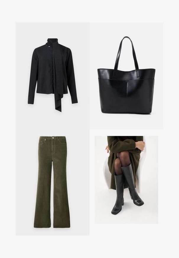 Black long-sleeve shirt with a fold-over collar and a loose scarf detail. Features vertical pinstripes and front button closure.; Olive green corduroy flared pants with a smooth texture, front pockets, and a metal button closure at the waist.; Knee-high black leather boots with a squared toe and block heel, shown with a model seated in an olive green coat. Smooth texture, minimal detailing.; Black leather tote bag with two long handles, a smooth texture, and a structured shape. Features a front pocket for additional storage.