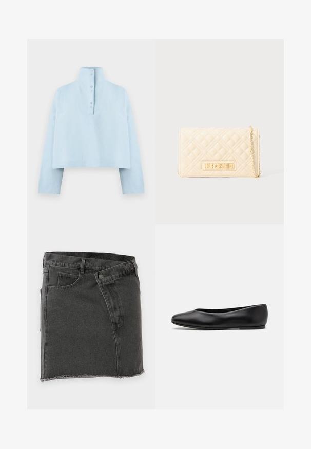 Chemise courte bleu clair avec un col montant, des manches longues et une fermeture à cinq boutons au dos. Fabriquée en un tissu lisse et texturé.; Jupe mini en denim noir avec poches avant, passants de ceinture, fermeture à bouton et détails d'ourlet brut.; Paul Smith TOPANGA - Ballerines - black; Sac en cuir matelassé crème en bandoulière avec une chaîne dorée et un plaqué logo doré "LOVE MOSCHINO" sur le rabat avant.