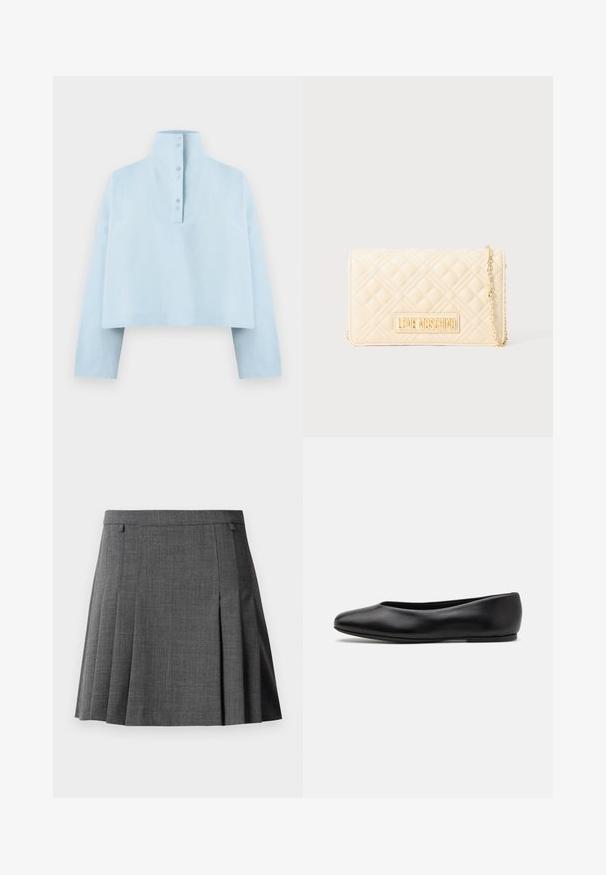 Chemise courte bleu clair avec un col montant, des manches longues et une fermeture à cinq boutons au dos. Fabriquée en un tissu lisse et texturé.; Jupe plissée grise avec une taille ajustée, confectionnée dans un tissu lisse et de poids moyen.; Paul Smith TOPANGA - Ballerines - black; Sac en cuir matelassé crème en bandoulière avec une chaîne dorée et un plaqué logo doré "LOVE MOSCHINO" sur le rabat avant.