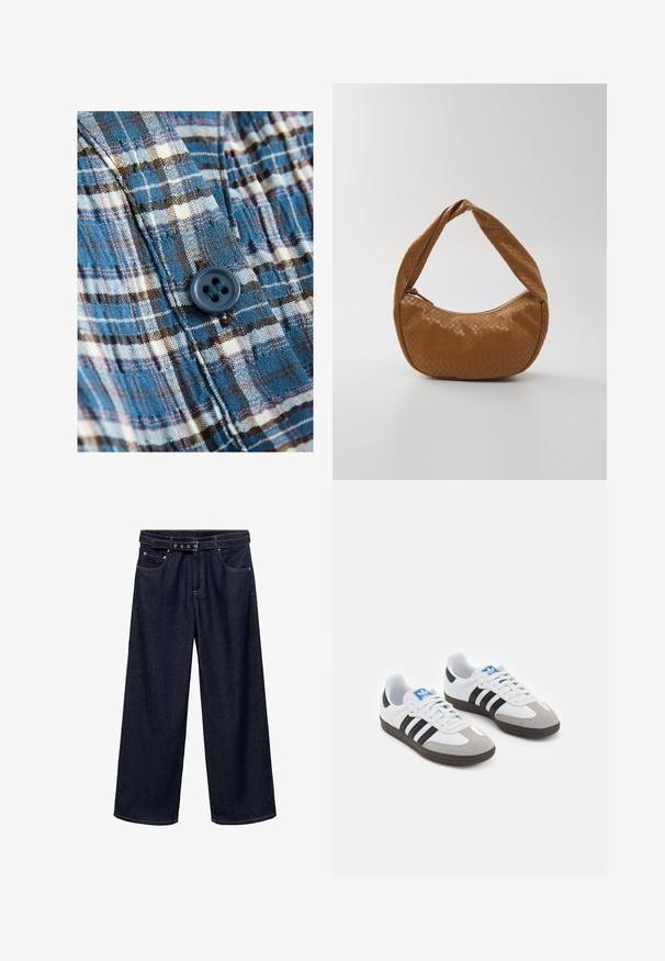 Sininen ja kerma valkoinen ruudullinen kangas, jossa on nappiyksityiskohta. Materiaali on kevyt ja teksturoitu, ja siinä on tummanruskeita korostuksia kuosissa.; Tummansiniset leveälahkeiset farkut, jotka on valmistettu denimistä. Ominaisuuksiin kuuluu vyötärönauha, jossa on vyölenkki ja useita nappeja, etupockets ja siisti viimeistely helmassa.; Urheilukengät, joissa on valkoinen nahkainen päällinen, harmaa mokkanokka ja kolme mustaa raitaa. Ominaisuuksina sininen logo kielekkeessä ja kuvioitu kumipohja.; Käsin punottu nahkakäsilaukku vaaleanruskeassa sävyssä, soikea muoto, paksu punottu kahva, vetoketjulla varustettu ja kiiltävä pinta.