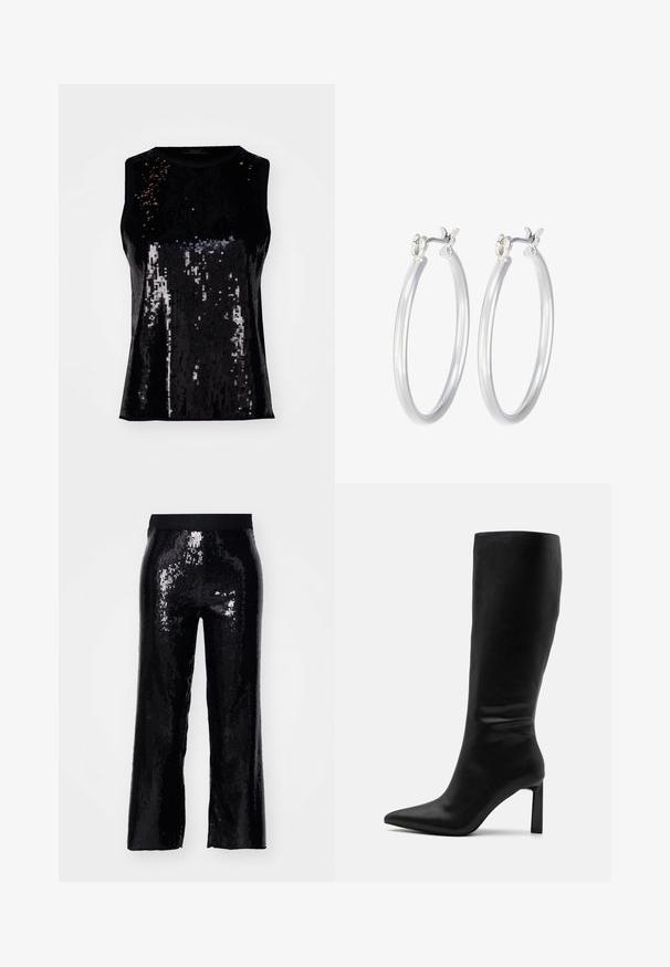 Top sin mangas negro adornado con lentejuelas, con una textura brillante y un diseño ajustado. Escote redondo sin cierres visibles.; Pantalones negros con lentejuelas, de corte recto, con cinturilla elástica y textura brillante que refleja la luz. Largo completo, sin bolsillos y de acabado suave.; Even&Odd Botas - black; Pendientes de aro de plata con un acabado liso y pulido. Forma redonda y cierre de click seguro. Diseño ligero adecuado para el uso diario.