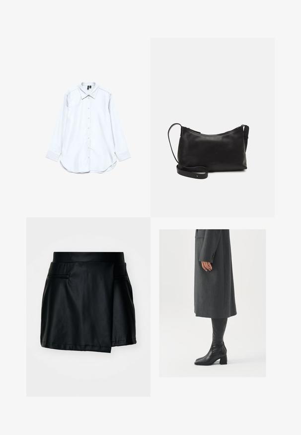 Valkoinen pitkähihainen pusero, jossa on napillinen etuosa, terävä kaulus, pyöreä helma ja sileä kangaspinta tyylikkäällä designilla.; Mustat tekonahkainen mini-hame, jossa on tiukka vyötärö, sileä pinta ja kaksi etutaskua. Sisältää hienovaraisen kietaisusuunnittelun.; Harmaa, muotoiltu pitkätakki suoran leikkauksen kanssa; yhdistetty polven yli yltäviin mustiin nahkasaappaisiin, joissa on neliön muotoinen kärki ja paksu kanta.; Musta nahkainen olkalaukku, jossa on sileä pinta, kaareva muoto, säädettävä hihna ja vetoketjukiinnitys. Minimalistinen muotoilu ilman koristeita.