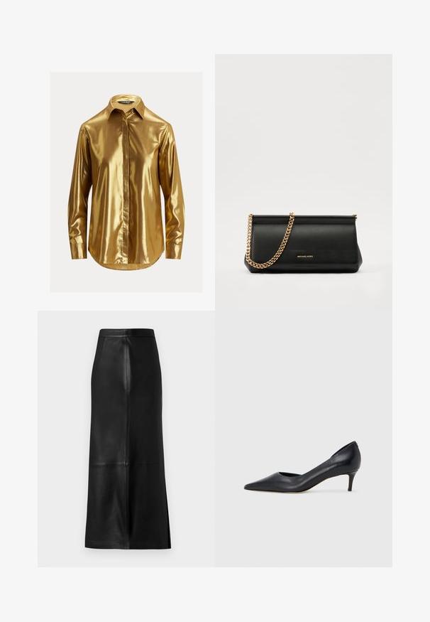 Goldene metallische Langarmbluse mit einem Knopfkragen, glatter Textur, schmaler Knopfleiste und abgerundetem Saum.; Schwarzer Lederrock mit gerader Silhouette, ausgestattet mit einer Rückenschlitz, glatter Textur und sichtbaren Nahtdetails.; Schwarzer Pumps aus Leder mit spitzer Zehenpartie und niedrigem Absatz. Verfügt über eine glatte Textur und dezenten Glanz. Vordere Öffnung für ein zusätzliches Detail.; Schwarze Leder-Clutch mit einer goldenen Ketten-Trage, die eine glatte Oberfläche, rechteckige Form und geprägtes Branding auf der Vorderseite aufweist.