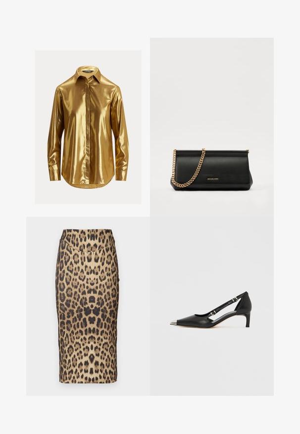 Zelta metālisks krekls ar garām piedurknēm, pogu lejas malas apkakli, gludu tekstūru, priekšējo pogu slēgšanu un noapaļotu apakšmalu.; Lapsu jaku drēbju svārki ar leopardu rakstu, kas piedāvā pieguļošu dizainu, vidēja augstuma jostasvietu un gludu faktūru. Raksts sastāv no dažādiem brūniem un melniem punktiem.; Melns ādas kurpju pāris ar zemu papēdi, smailu sudraba purngali un diviem sprādzēm uz balta fona.; Melns ādas apliecības soma ar zelta ķēdes siksnu, ar gludu tekstūru, taisnstūra formu un izspiestu zīmolu uz priekšpuses.