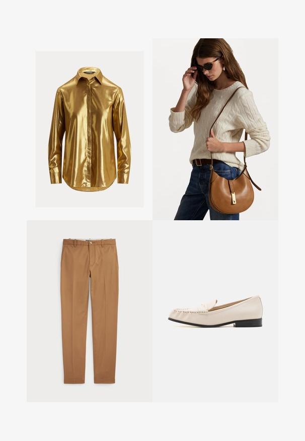Zlata metalik dolga majica s dolgimi rokavi in gumbom na ovratniku, gladka tekstura, sprednji placket in zaobljeni rob.; Rjave bombažne hlače s slim-fit obliko, ravnim sprednje delom in standardnimi žepi; gladka tekstura in obrobljeni robovi.; MICHAEL Michael Kors CARLSON LOAFER - Čevlji brez vezalk - light cream; Rjava usnjena torba za ramo s ukrivljeno obliko in zlatimi detajli. Model nosi kremno pleteno majico z kabelskim vzorcem in modre kavbojke.