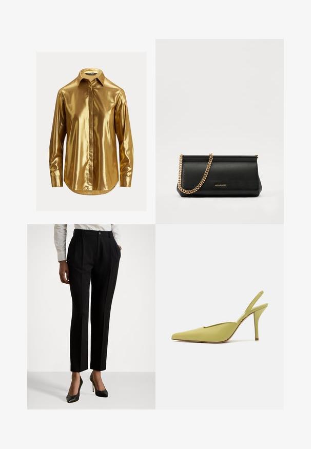 Gylden metallisk langærmet skjorte med knapkrave, glat tekstur, frontplacket og rundet kant.; Sorte skræddersyede bukser med høj talje, der har læg, knaplukning og sidelommer. Lavet af glat stof.; GIABORGHINI OCTAVIE - Højhælede pumps - green; Sort læder clutch taske med en guldkæde strop, der har en glat tekstur, rektangulær form og præget branding på forsiden.