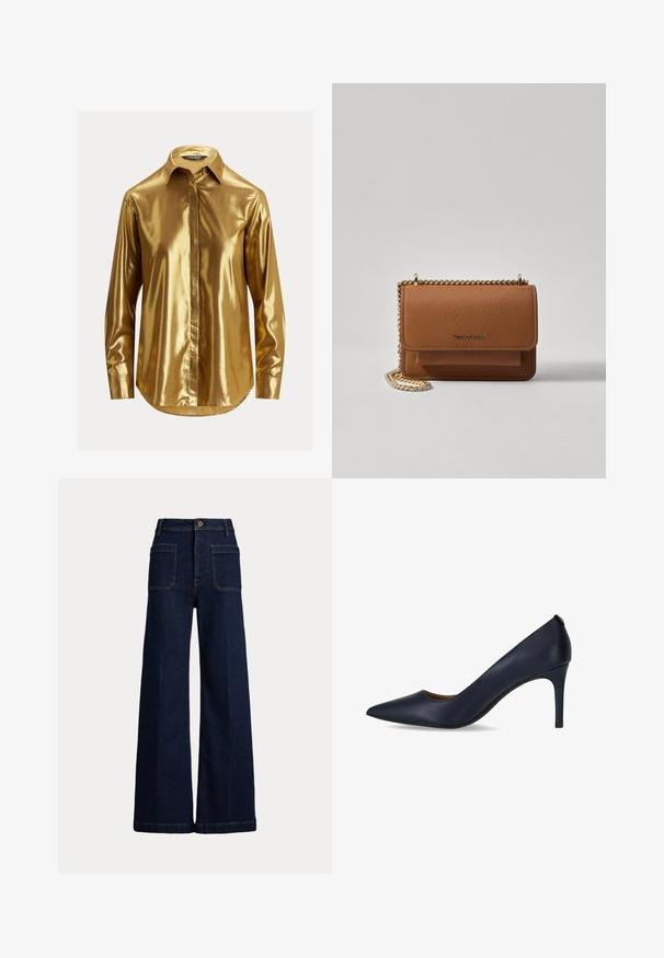 Cămașă lungă cu mâneci din metalic auriu, cu guler cu nasturi, textură netedă, placket frontal și margine rotunjită.; Jeans din denim albastru închis, cu picioare largi și talie înaltă, design cu cinci buzunare și cusături contrastante. Prezintă un închidere cu nasture și o formă structurată.; Pumps albastre închis cu toc înalt, fabricate din piele netedă, având vârful ascuțit și un toc subțire. Design simplu, fără embellishments suplimentare.; Geantă crossbody din piele texturată maro, cu curea din lanț aurit și închidere cu clapetă. Partea din față prezintă detalii cu logo și o buzunar sub clapetă.