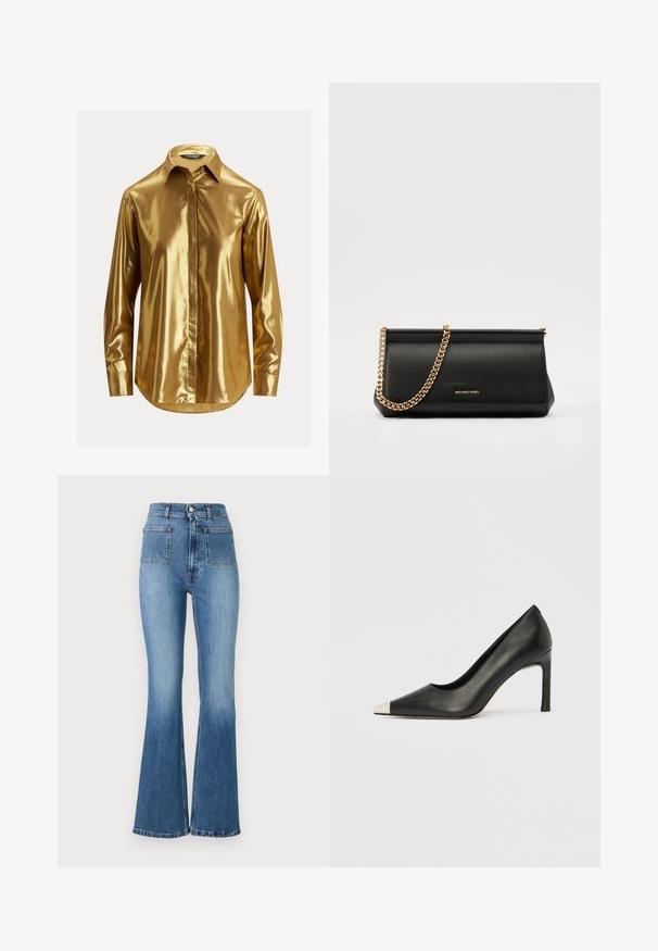 Chemise dorée métallisée à manches longues avec un col boutonné, texture lisse, patte de boutonnage à l'avant et ourlet arrondi.; Jean en denim bleu évasé avec taille haute, comportant deux poches arrière et un délavage. L'ourlet est cousu avec un design subtil.; Chaussure à talon haut en cuir noir avec bout pointu et capuchon argenté métallique. Présente une finition lisse et un talon fin de 10 cm.; Sac à main en cuir noir avec une bandoulière en chaîne dorée, présentant une texture lisse, une forme rectangulaire et une marque embossée à l'avant.