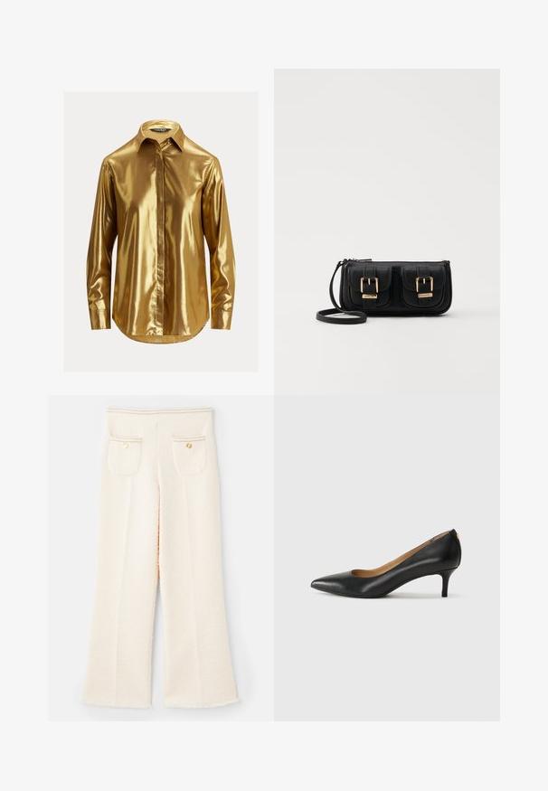 Złota metaliczna koszula z długim rękawem, z kołnierzykiem zapinanym na guziki, gładką fakturą, z przodem na guziki i zaokrąglonym dołem.; Białe, fakturowane spodnie szerokie z postrzępionymi końcami, z dwoma tylnymi kieszeniami, złotymi guzikami oraz przeszyciami na pasku.; Czarne skórzane szpilki z wąskim noskiem, niskim obcasem i gładką fakturą. Posiadają lekko otwarte przody i minimalne okucia z tyłu.; Czarna skórzana torba na ramię z dwoma przednimi kieszeniami, złotymi klamrami, zamkiem błyskawicznym i cienkim paskiem. Teksturowana powierzchnia i kompaktowy prostokątny kształt.