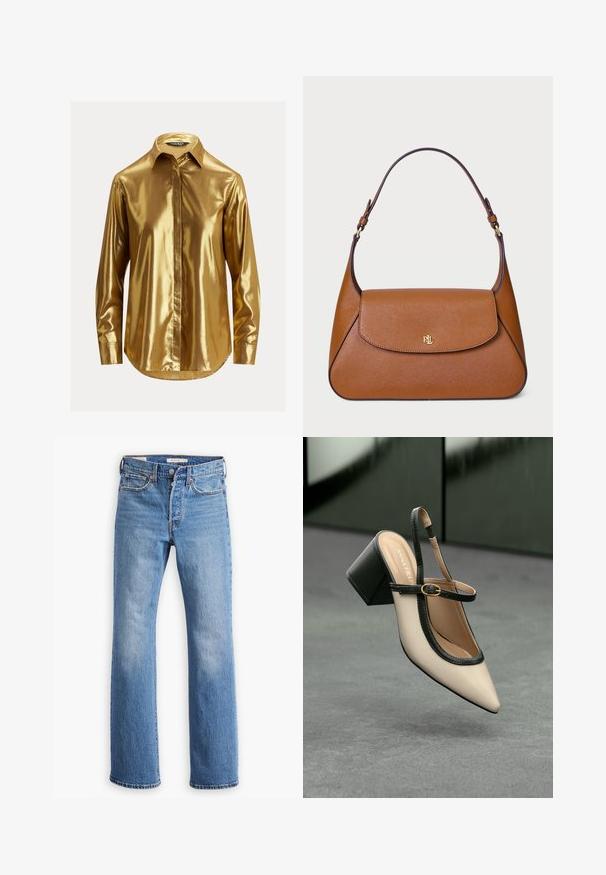 Kuldne metallik pikkade varrukatega särk nupuga kraega, sile tekstuur, esiots nuppe täis ja ümaral serva.; Sinised denimpüksid sirge sääre disainiga, millel on kõrge vöökoht, klassikaline viie tasku stiil ja eristuv pleekimine reitel.; Beesidega teravatoe slingback king, musta äär ja kuldne pandla, tummise plokk-kontsa peal hallil põrandal tumesinise tausta ees.; Pruun nahk käekott, millel on struktureeritud disain, lame ülemine klapp ja üks kõver rihm. Omab kuldset metallitööd ja reljeefset logo.
