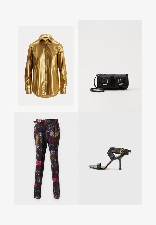 Kuldne metallik pikkade varrukatega särk nupuga kraega, sile tekstuur, esiots nuppe täis ja ümaral serva.; Lille lillede mustriga püksid, millel on must alus, erksad punased, lillad ja sinised aktsendid, sirge lõikega ja dekoratiivse vöödetailiga.; Mustad mustand koos ristatud rihmade ja reguleeritava pandlaga. Omab siledat tekstuuri ja kitsenevat stiletto kontsa.; Must küllastamata nahast õlakott, millel on kaks esist nähtavat taskut, kuldsed pandlad, tõmblukuga sulgemine ja peen rihm. Tekstuuriga pind ja kompaktne ristkülikukujuline kuju.
