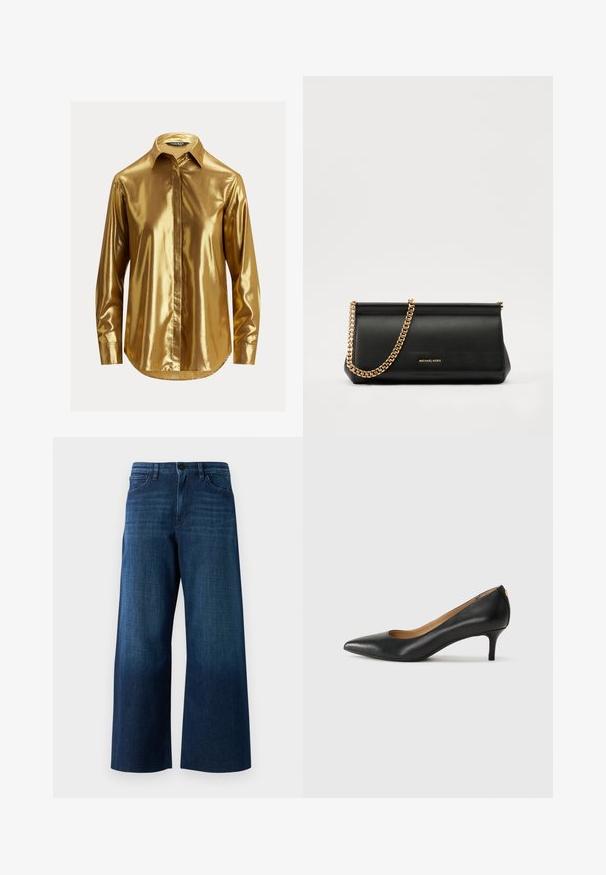 Auksinės metalinės ilgomis rankovėmis marškiniai su sagų apykakle, lygia tekstūra, priekinė plokštelė ir suapvalintas kraštas.; Plati kojinės tamsiai mėlynos džinsinės kelnės su priekiniais mygtukais, diržo kilpomis ir klasikinio penkių kišenių dizainu ant paprasto fono.; Juodos odinės aukštakulnės bateliai su smailiu nosiu, žemu kulnu ir lygiu paviršiumi. Priekyje yra nedidelis atvirumas, o gale minimalus apdaila.; Juodas odinis delninukas su auksine grandine, turintis lygų paviršių, stačiakampį išmatavimą ir įspaustą prekės ženklą priekyje.