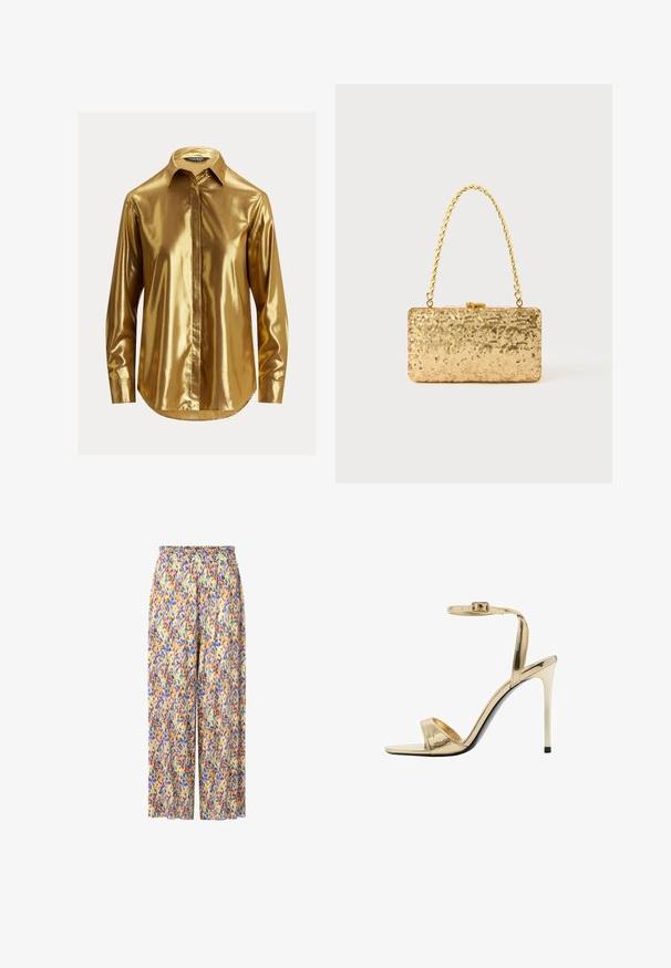 Zlata metalik dolga majica s dolgimi rokavi in gumbom na ovratniku, gladka tekstura, sprednji placket in zaobljeni rob.; Široke hlače s potiskom, ki imajo elastiko v pasu. Barve vključujejo rumeno, vijolično, modro in zeleno v namaznem dizajnu.; Metalne zlate sandale na visoki peti z naramnico okoli gležnja, odprto zasnovo ter sijočim zaključkom in tankim stileto peto. Akcent črne podplati.; Zlata torbica s pomičnim šalom v pravokotni obliki, z zasukano verižico in kovinskim zapiranjem, ki odseva svetlobo z teksturirano površino.